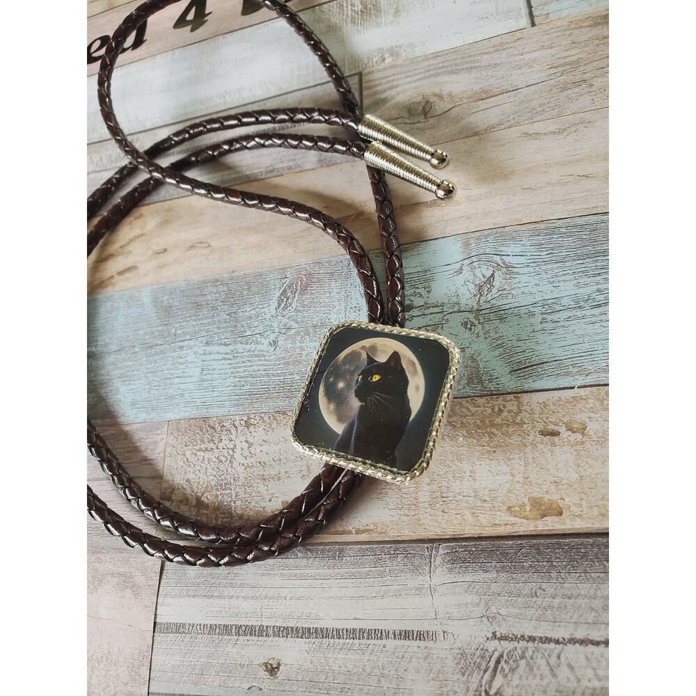 Halloween bolo tie, spooky black act concho, unique goth black cat gift